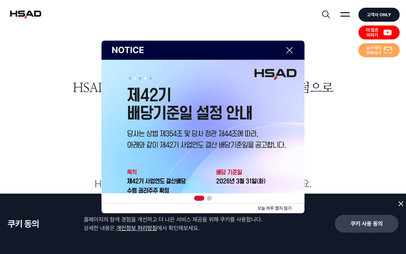 에이치에스애드 웹사이트 스크린샷